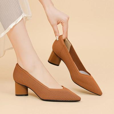 Primavera e Outono Mulheres Salto Alto 2025 Novos Sapatos de Malha Pontiagudos Com Decote Em V Único Sapatos Confortáveis Antiderrapantes Com Sola de Borracha Sapatos de Trabalho