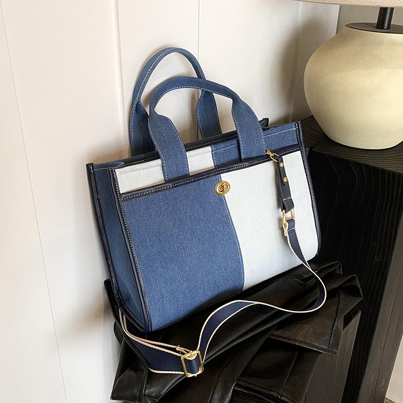 Large capacity denim handbag women's new fashion contrasting color shoulder messenger bag broadband commuter trendy tote bag