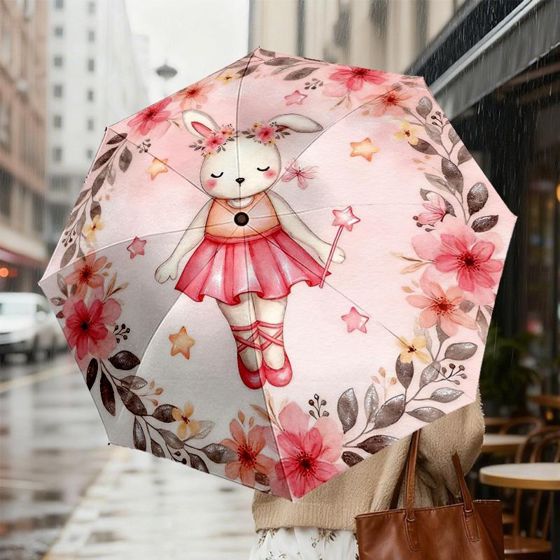 1pc rabbit ballerina Automatic Folding Umbrella, Heavy Duty 8 Rib Iron Frame,  Suitable for Travel, Daily Use, Birthday, Decor Gift m0104033
