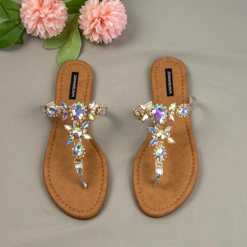 

Fashion 2025 New Women s Flip-flops Summer Party Shoes for Female Bling Flower Rhinestones Large Size Flat Heels Outside Ladies Slippers 37 серебряный