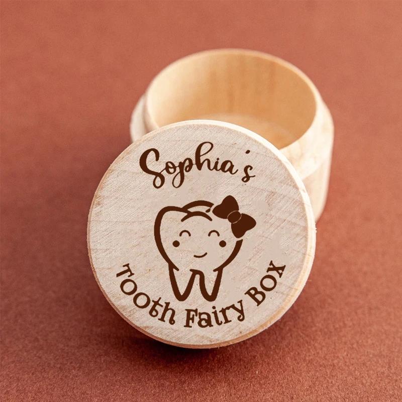 1PCS Free Personalized Tooth Fairy Wooden Box Round Tooth Fairy Holder Birthday Gift for Girls Boys Name Milk Tooth And Curl Box