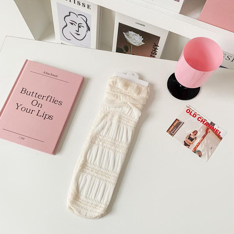 

Spring And Summer Socks Women S Sweet Bubble Mouth Lace Medium Tube Stacking Socks Soft Sister Girl Socks Crystal Stockings One size fits all молоко, білий колір