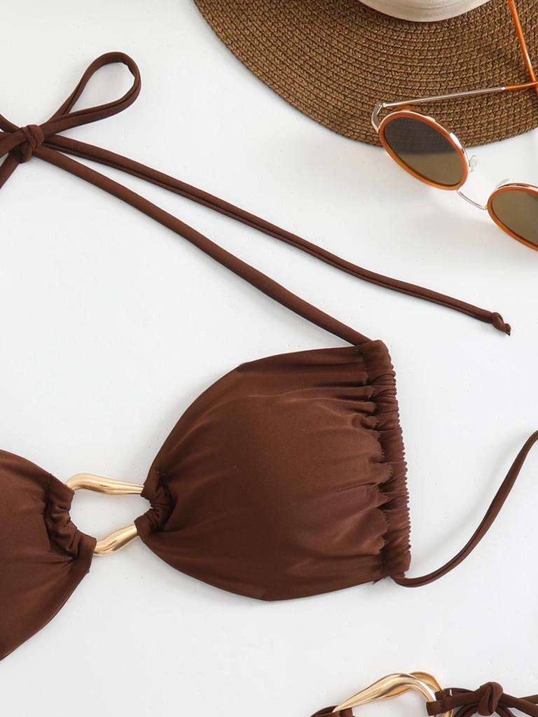 2025 European & American Two-Piece Sexy Bikini Swimsuit for Women - Solid Color Split Design