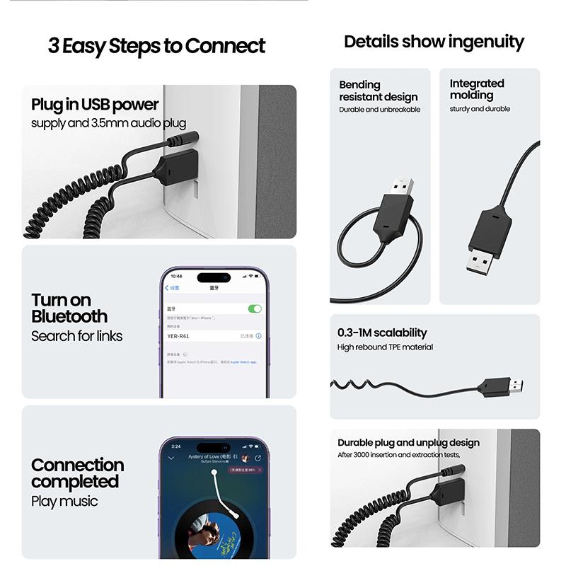 Car Bluetooth Receiver 5.4 Stereo Wireless USB Dongle to 3.5mm Jack AUX Audio Music Adapter Mic Handsfree Call Auto Handsfree Speaker Car Accessories