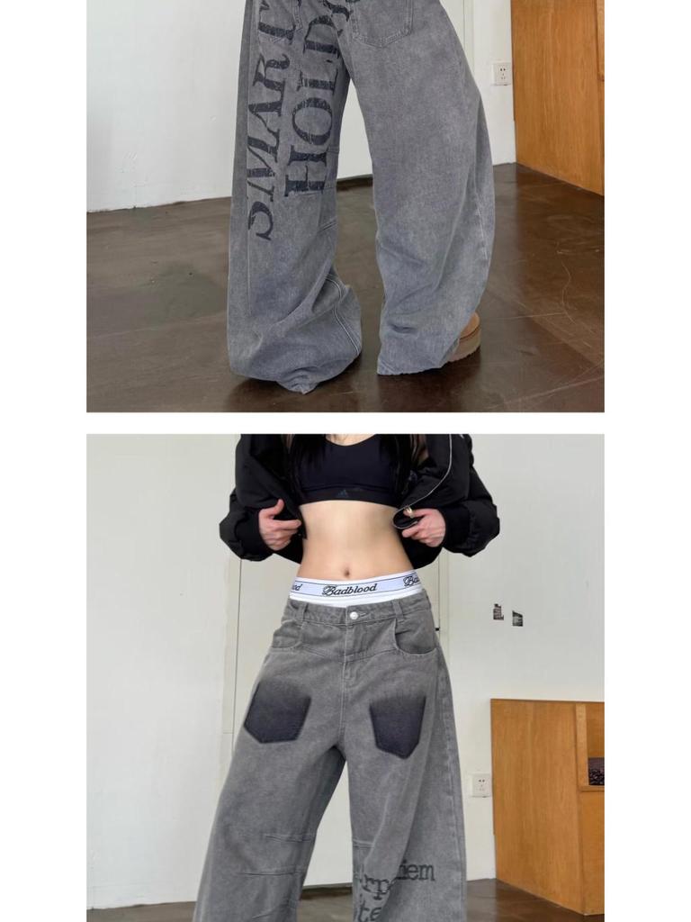 Vintage High Street Wide-Leg Jeans - Retro Washed, Letter Print, Loose Fit for Teens