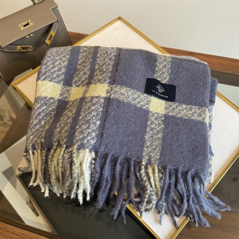 White Purple Plaid Imitation Cashmere Fringed Scarf Female Autumn and Winter Couple Warm Versatile Skin-friendly Scarf Tide