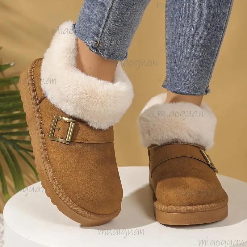 Fashion Casual Metal Buckle Decoration Thick Bottom Snow Boots Fashion Faux Fur Low Heel Boots Women Winter Warm Short Plush Shoes