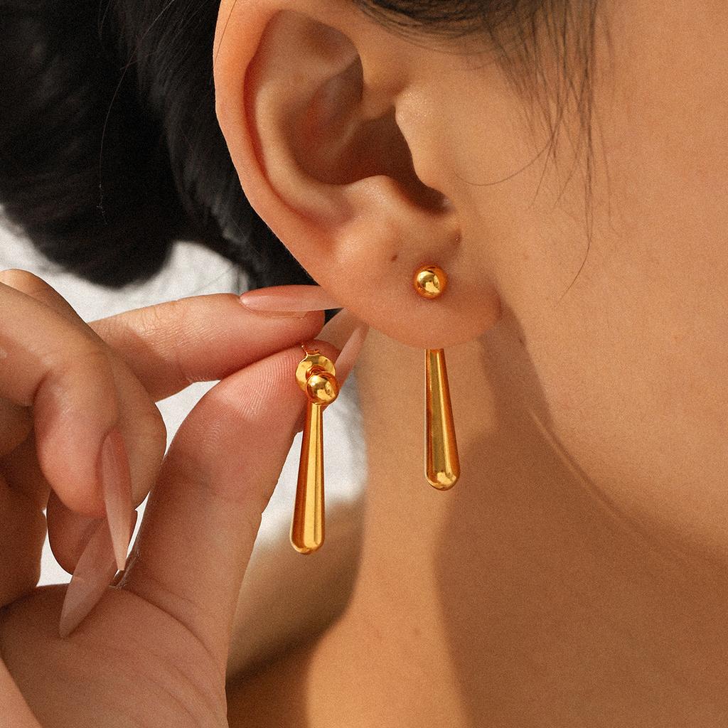 Simple Long Drop Titanium Steel Earrings Versatile Gold Bead Stud Earring Jewelry