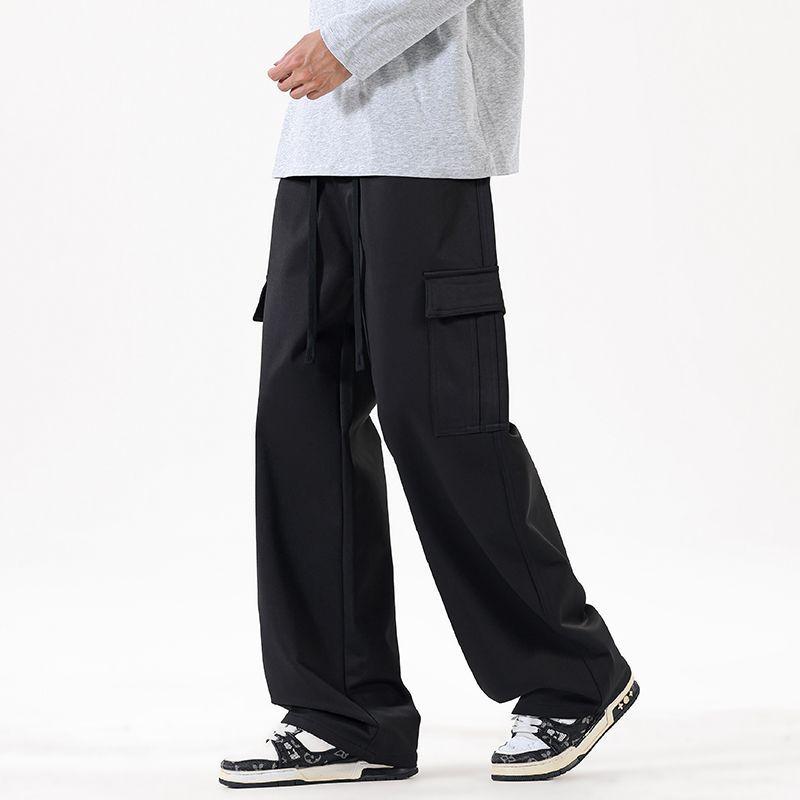 Spring New Big Pocket Tooling Casual Pants Thick Solid Color Simple Trendy Brand Loose Straight Long Pants Men