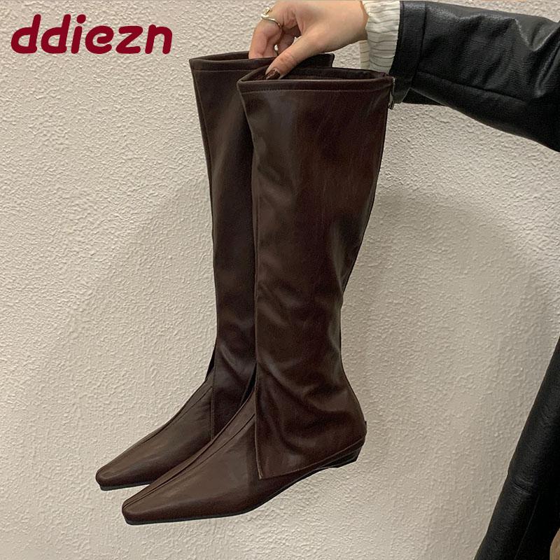 Mote Ny Mote Spiss Tå Dame Knehøye Støvletter Med Lav Hæl Sko Kvinnelig Glidelåser Fottøy Western Damer Lange Ankelstøvletter Sko