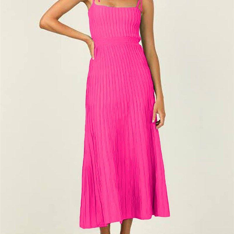 

Summer Strappy Dress Fashion Solid Color High Waist Swing Kn Rose Red L