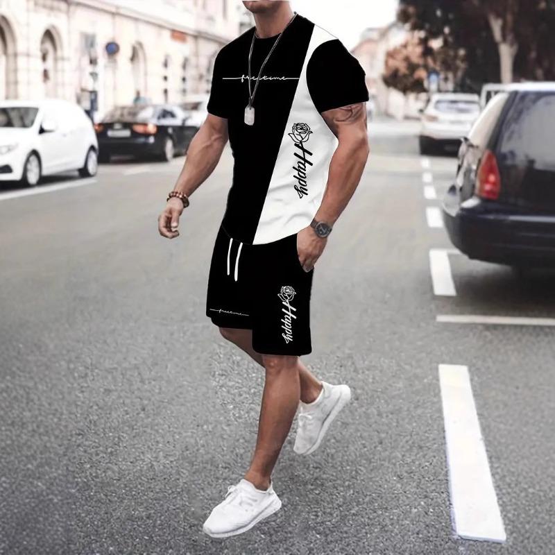 Ensemble Sportif Deux Pièces Imprimé 3D pour Homme T-shirt à Col Rond Couleur Dégradée Hauts à Manches Courtes Shorts Décontractés Fitness