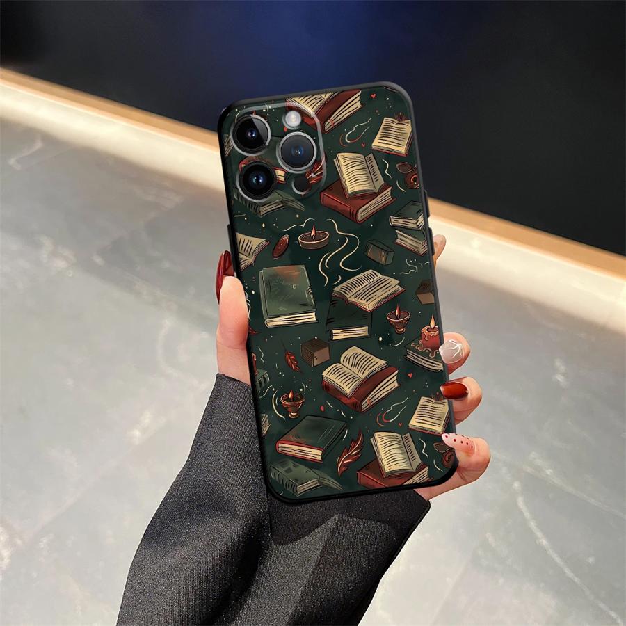 

Black Soft Phone Cover Case for iPhone XS Max 15 16 14 Plus 13 12 11 17 Pro Max 17Air XR 7 8 Cartoon Book Pattern iPhone 6 Plus