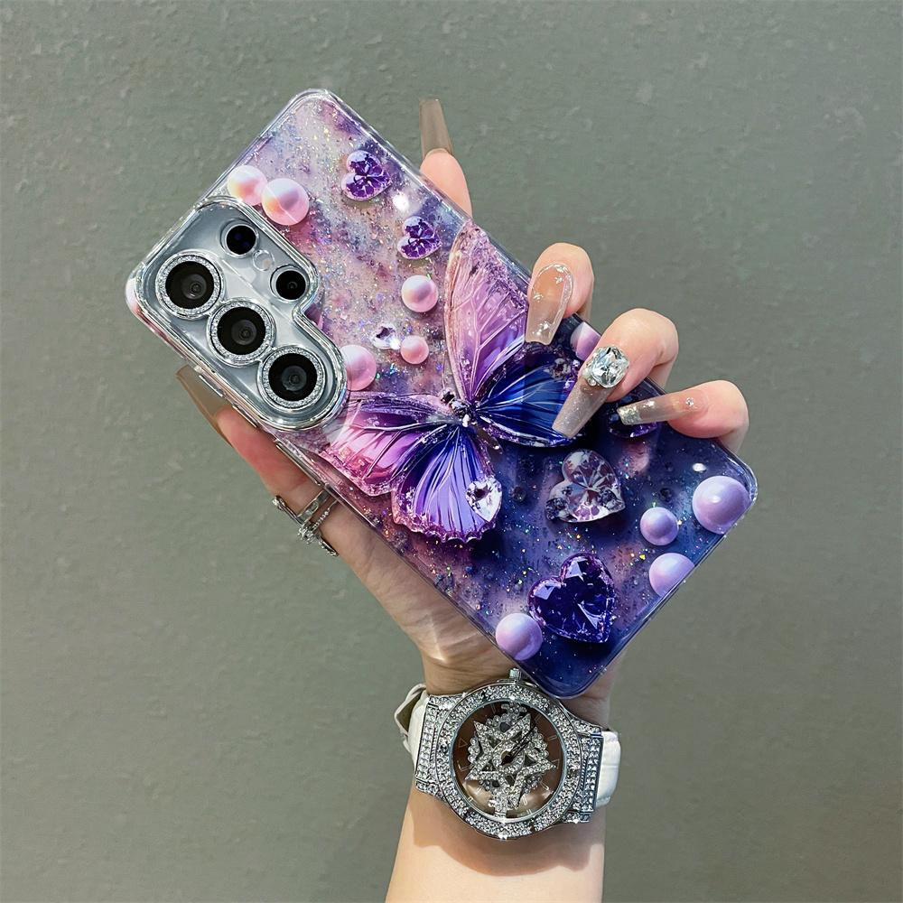 Luxury Elegant Glitter Clear Butterfly Printed Phone Case for Samsung Galaxy S26 Ultra S25 S24 S23 Diamond Full Camera Protect