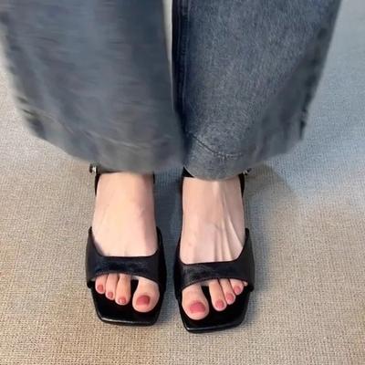 Fashion French Vintage Simple One-word Buckle Sandals Women's 2025 Summer New Versatile Low Heel Shoes