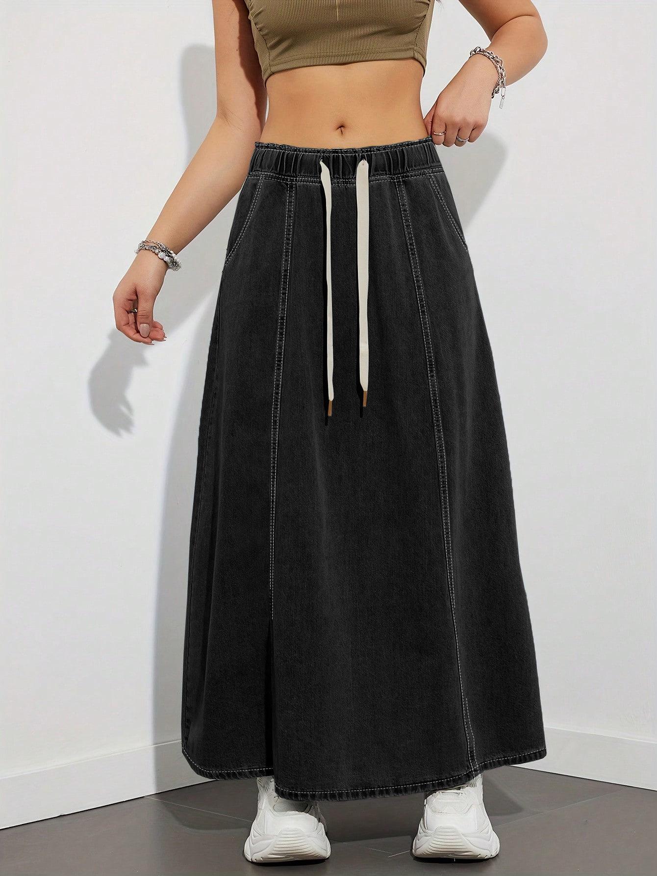 

Юбка-свитер из денима с эластичной резинкой на талии : Женская повседневная длинная юбка с американским дизайном. XL чёрный