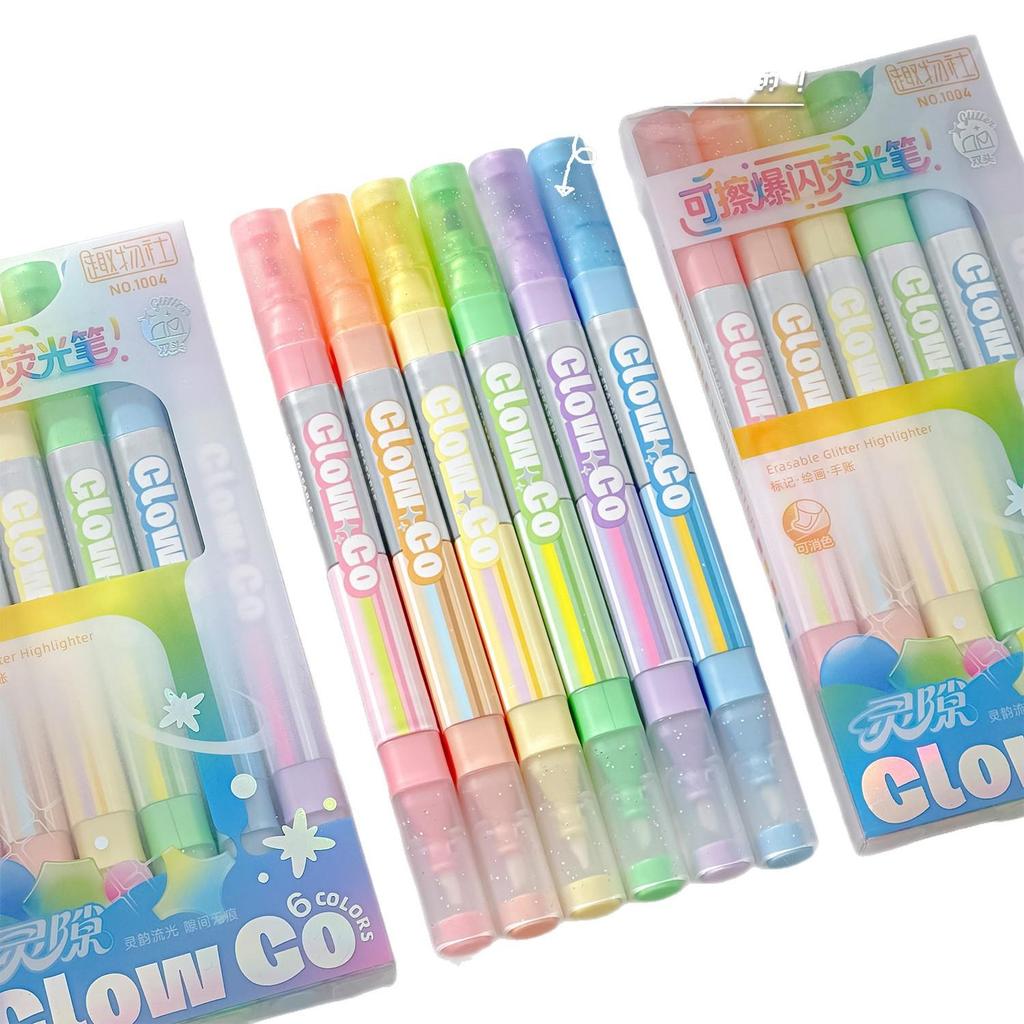 6pcs Dual-Tip Highlighters Set Erasable with Eraser & Glitter Tips Soft Highlighter for Journaling & Marking