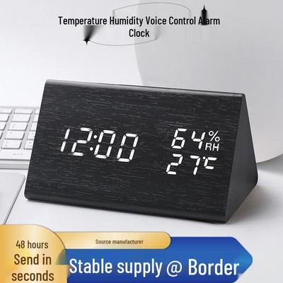 Smart Wooden LED Alarm Clock - Digital Temperature & Humidity Display