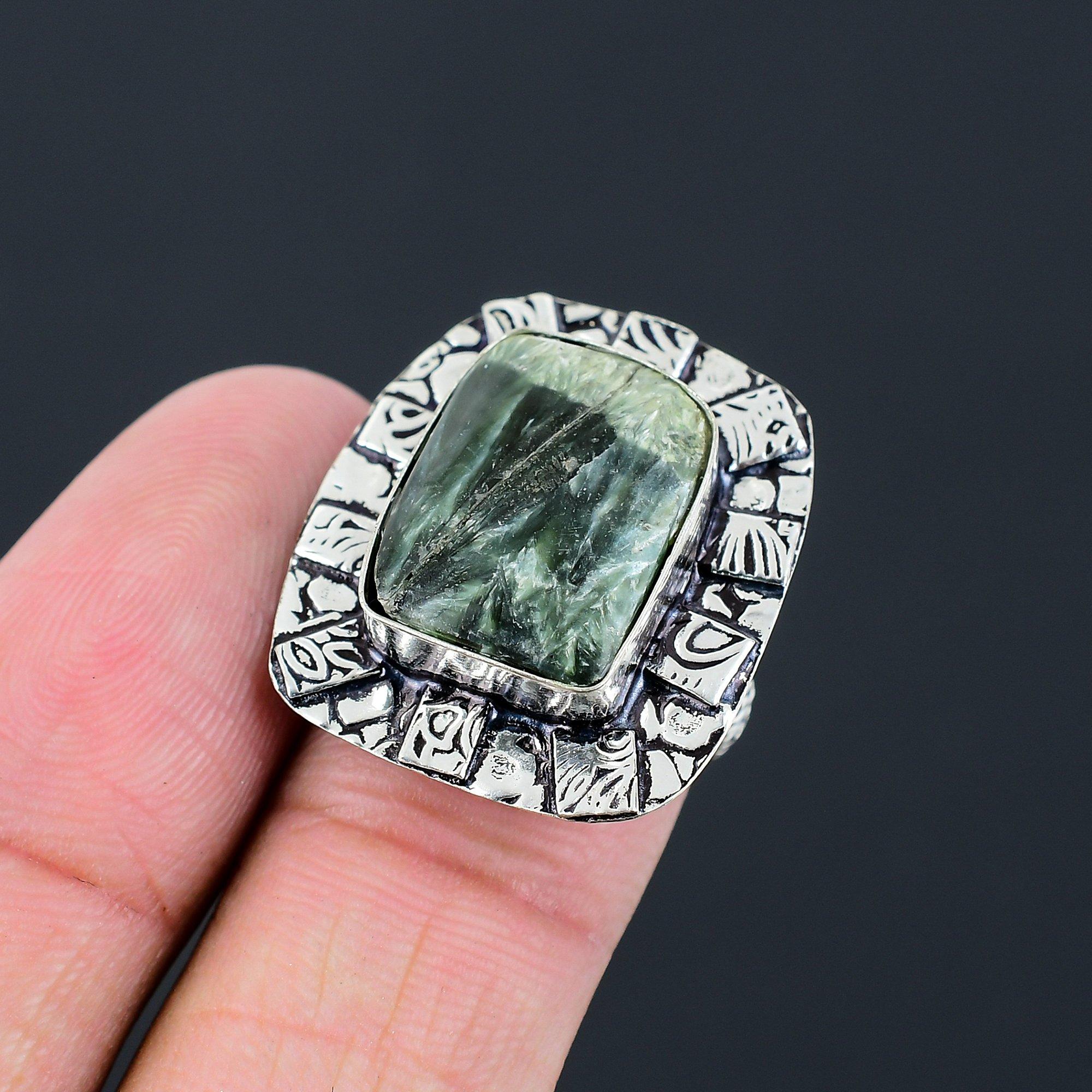 Natural Seraphinite Gemstone Promise Green Ring Size 7 925 Sterling Silver 7