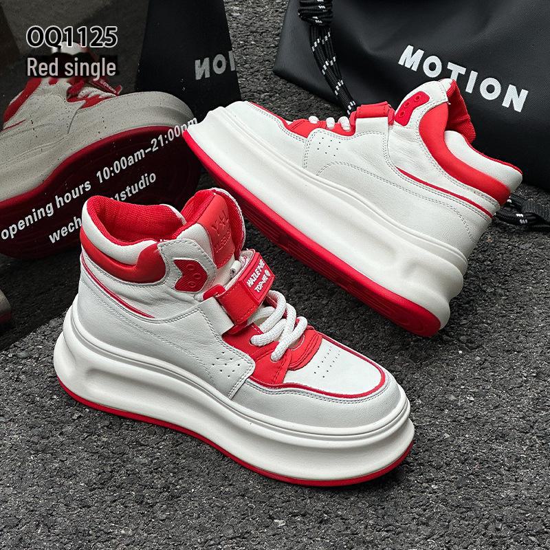 Women's High-Top Genuine Leather Velcro Sneakers with Thick Soles - Height-Enhancing Casual Sports Shoes for Spring & Autumn 2025