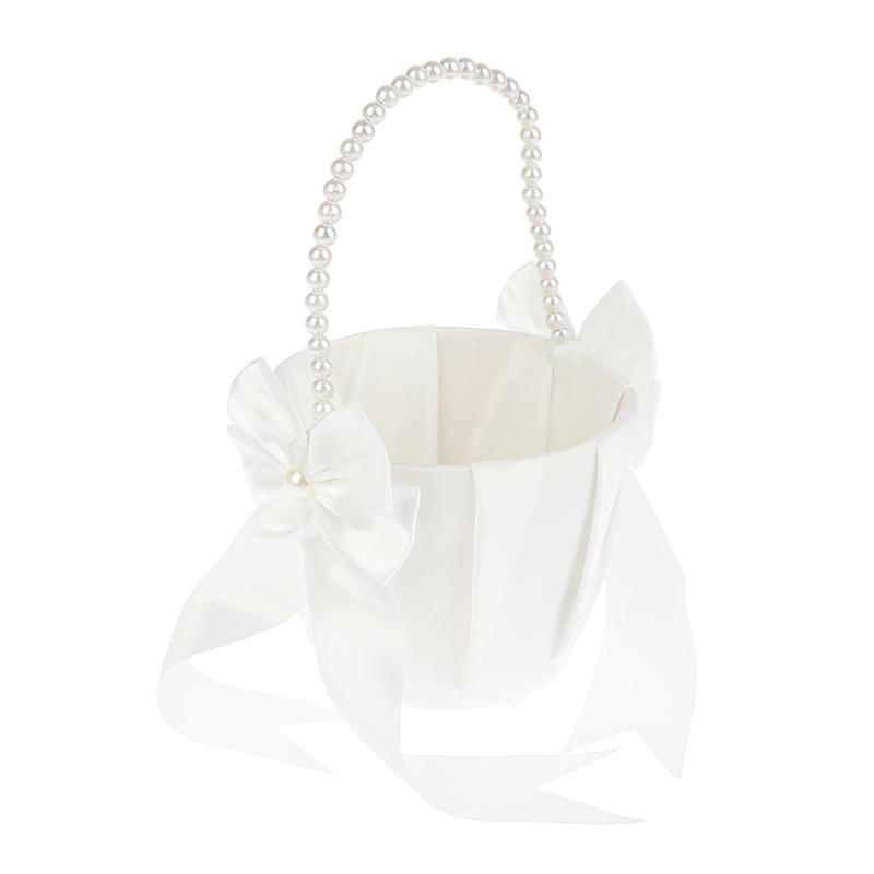 1Pc Pearl Handle Flower Basket Bow Satin White Western Rustic Bowknot Wedding Flower Basket For Floral Petals