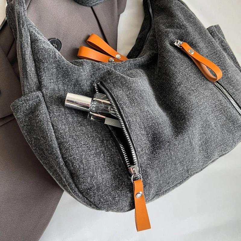 Umhängetasche aus Denim-Stoff, vielseitige, einfache Canvas-Tasche, lässig, große Kapazität, diagonale Umhängetasche für Damen