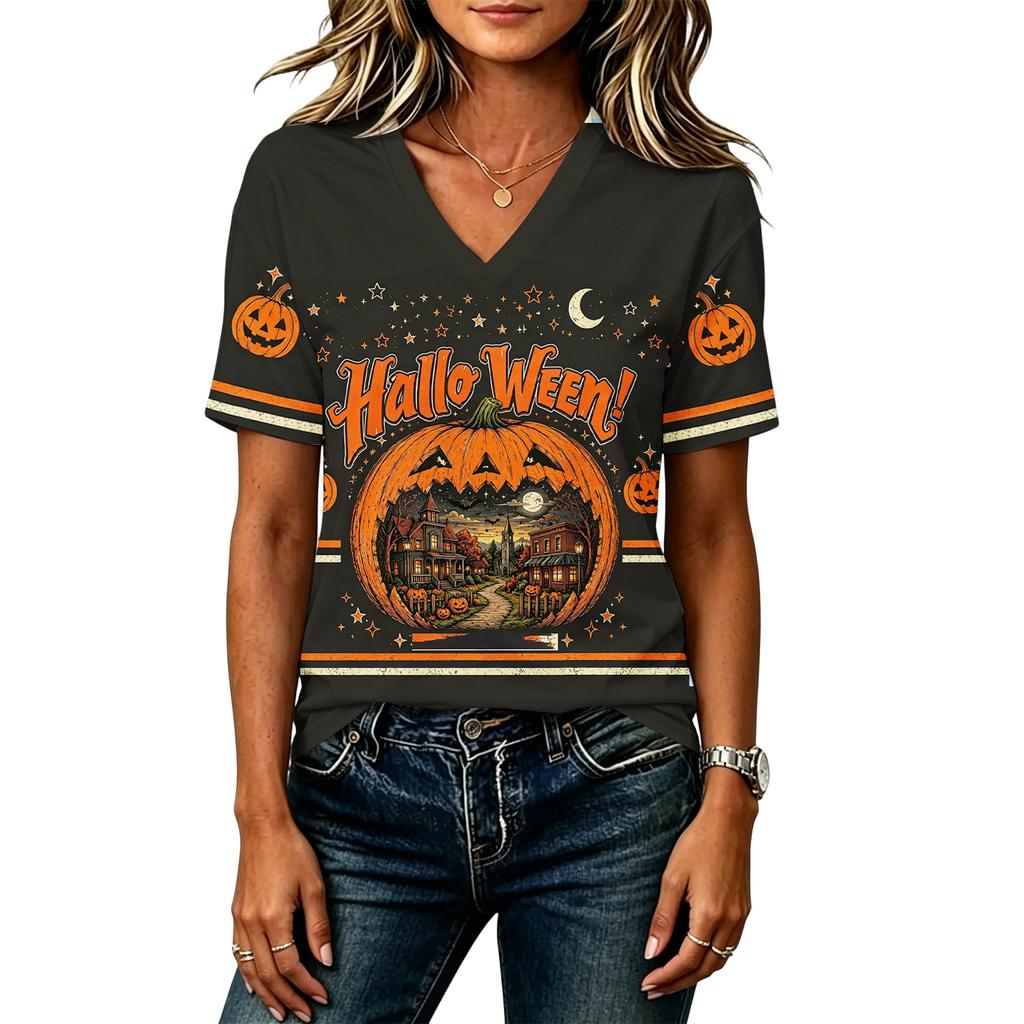 Women's Casual V-Neck Loose Fit Halloween Printed T-Shirt