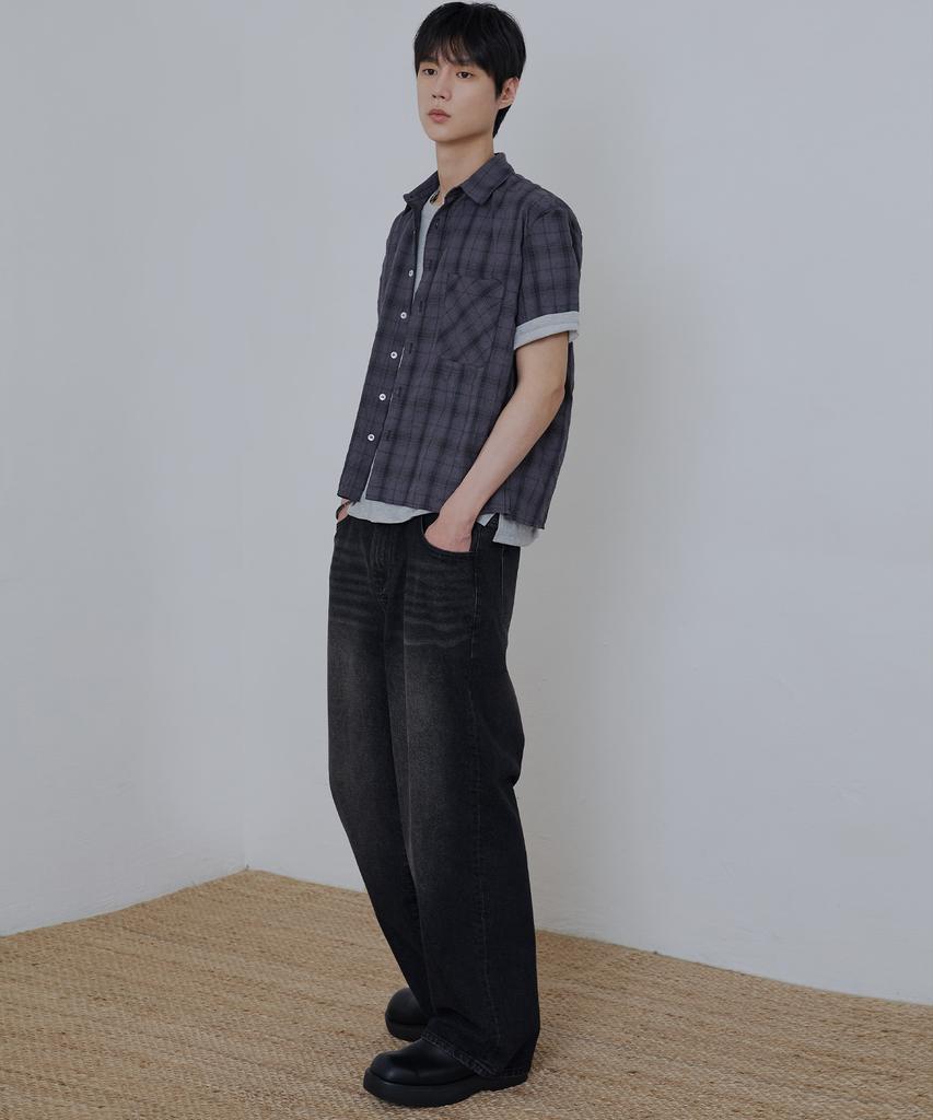 NODU Seersucker Check Crop Half Shirt [Charcoal]