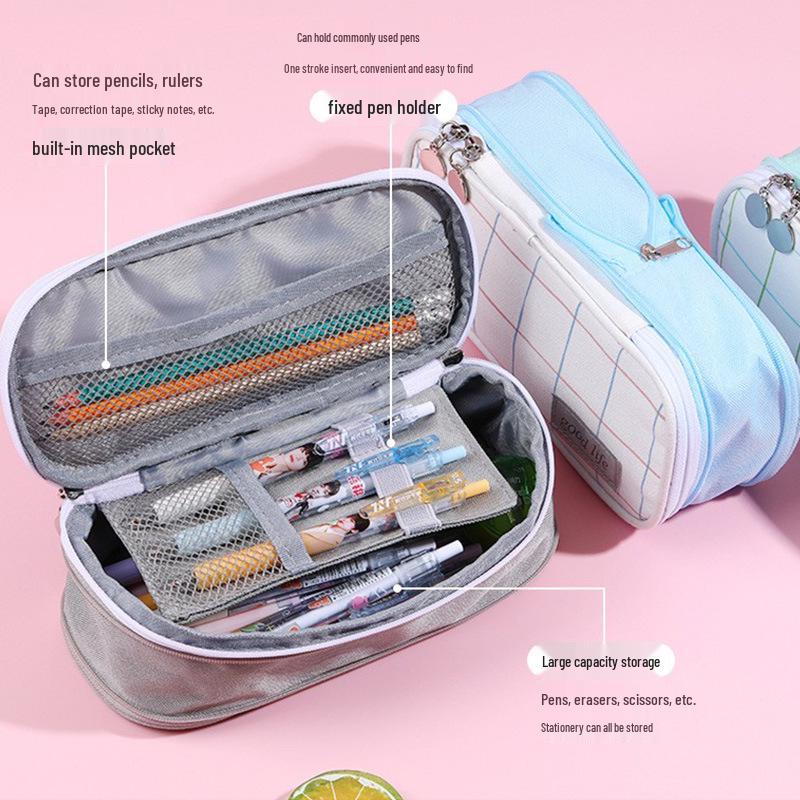 KOKUYO Plaid Expandable Double Zipper Unisex Pencil Case - Large Capacity Stationery Bag