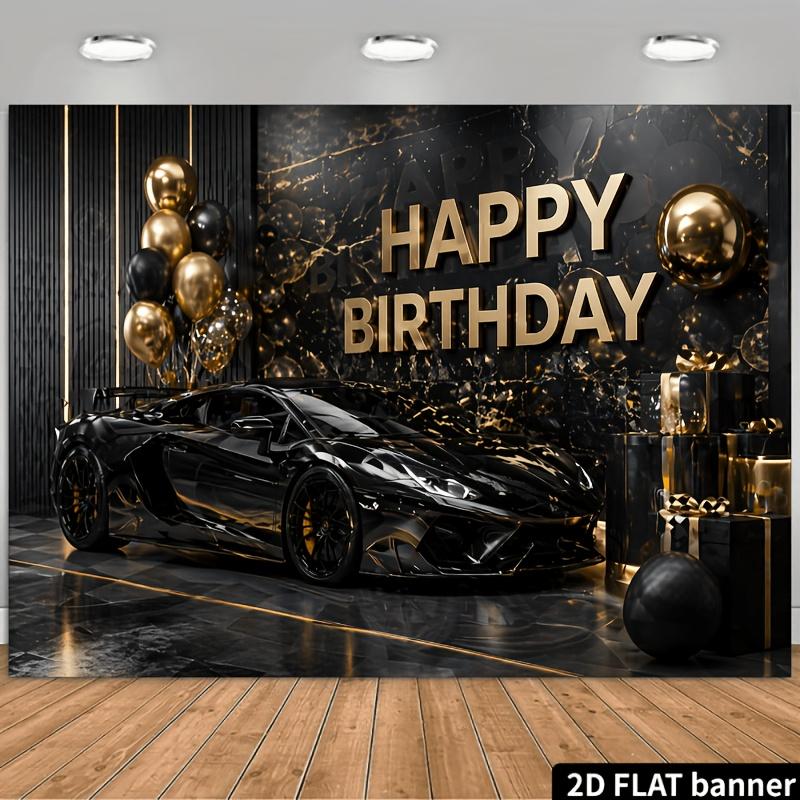 2D plane birthday party banner background black and gold sports car theme with the words "HAPPY BIRTHDAY" in gold fontzyc