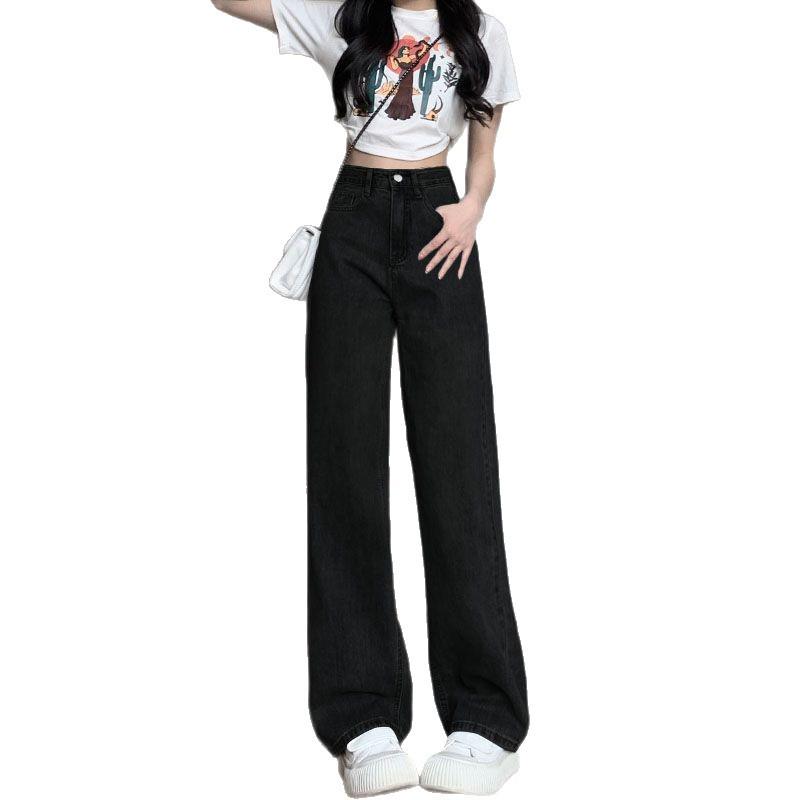 Women's High-Waist Black-Gray Wide-Leg Jeans: Trendy 2026 Straight-Leg, Floor-Length, Loose, Slimming Fit