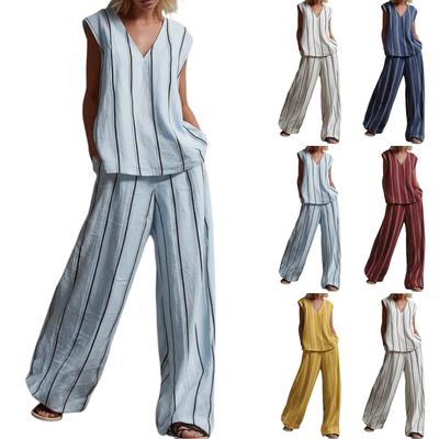 Modieuze Casual V-hals Gestreept Topje en Casual Broek Dames Tweedeelss Set