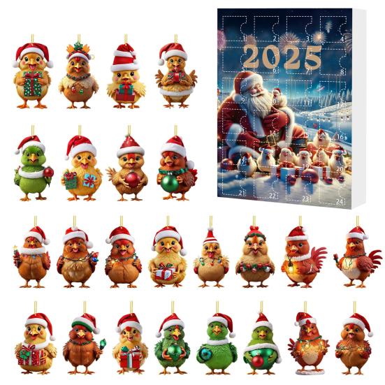 2025 Christmas Advent Calendar Chicken Ornaments 24 Days Countdown Calendar Christmas Tree Decoration 2D Acrylic Collectible Cartoon Chicken Set
