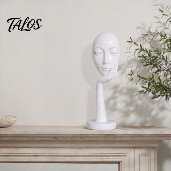 Talos Abstract Contemplative Face Resin Sculpture, Minimalist Hand-on-Chin Bust Statue for Desk Living Room Office, Creative Art Decor Entryway