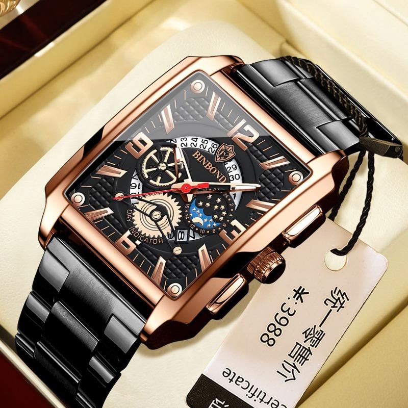 Binbang BINBOND Square Retro Men's Quartz Watch Multi-functional Luminous Waterproof Watch