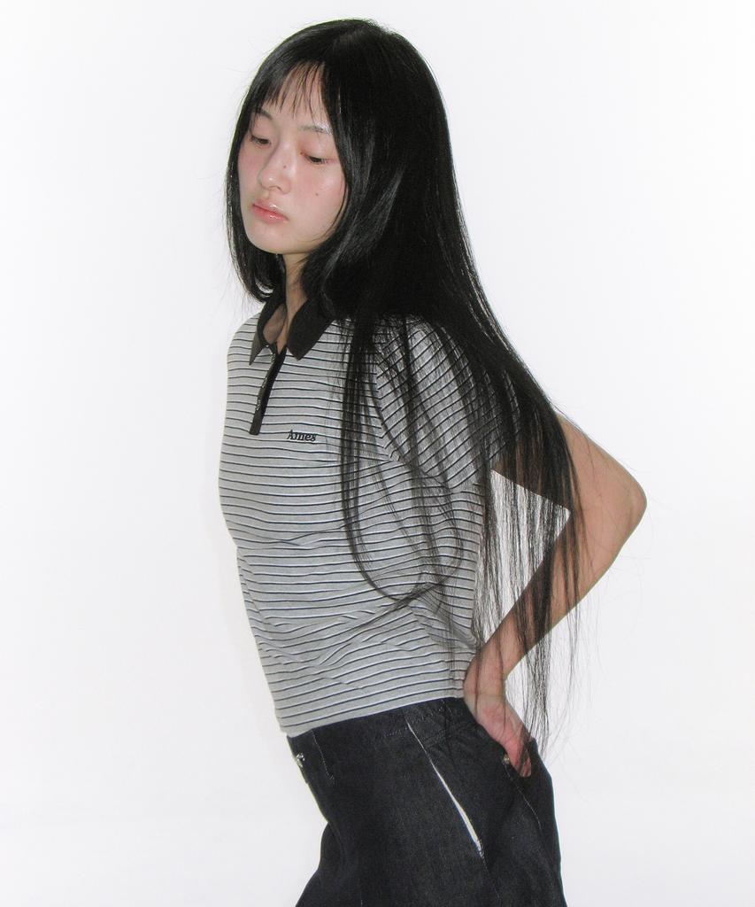 AMES-WORLDWIDE Basic Stripe Collar Tee Gray