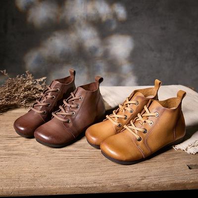 Flat Short Boots Handmade Genuine Leather Round Toe Lace-up Soft Cowhide Women's Shoes