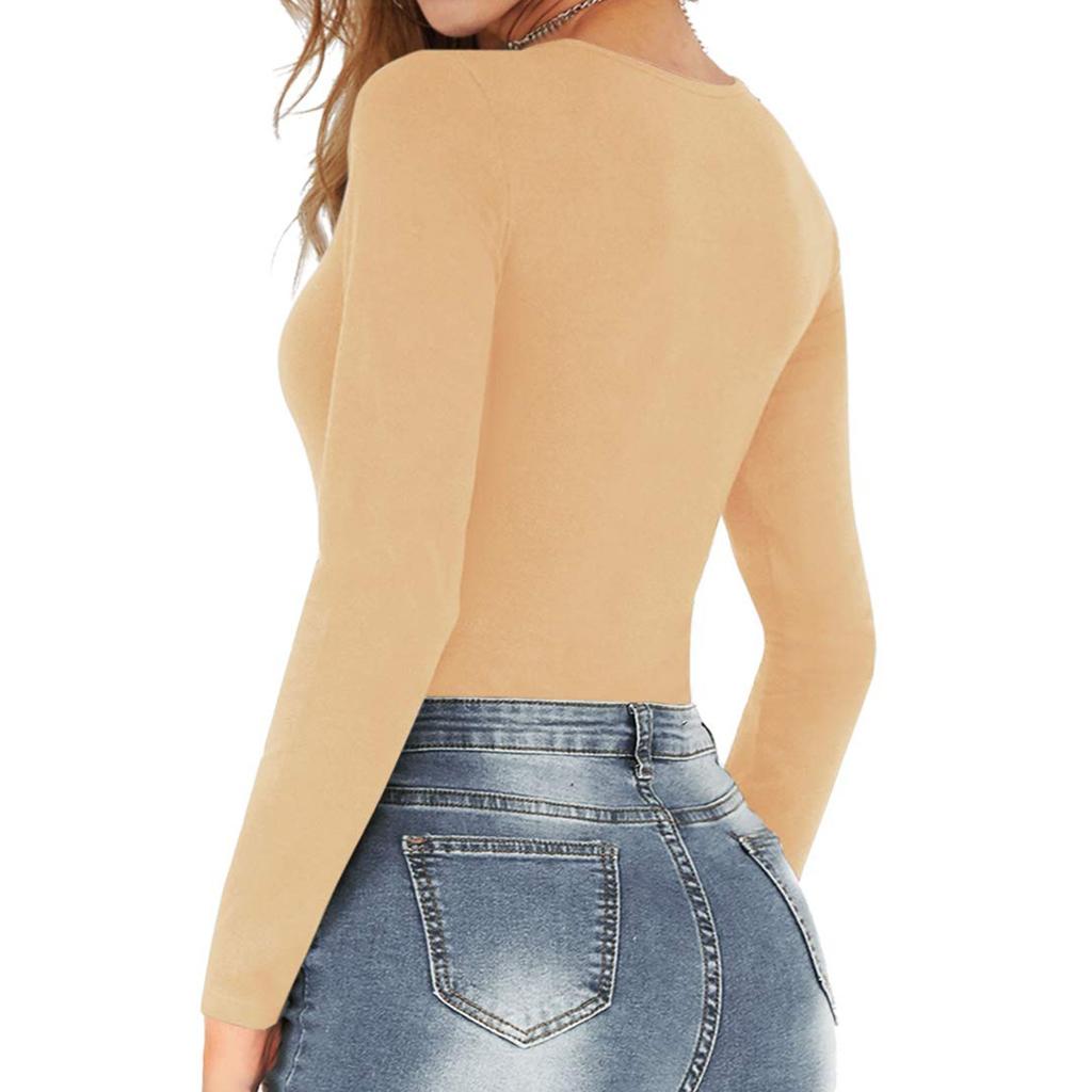 Women's Color Sexy Long Sleeve Racer Back Neck Sling Bodysuit Vest Jumpsuit