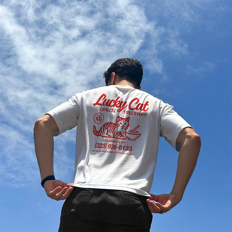 LUCKY CAT American retro sports style pure cotton casual niche printing crew neck short-sleeved T-shirt men