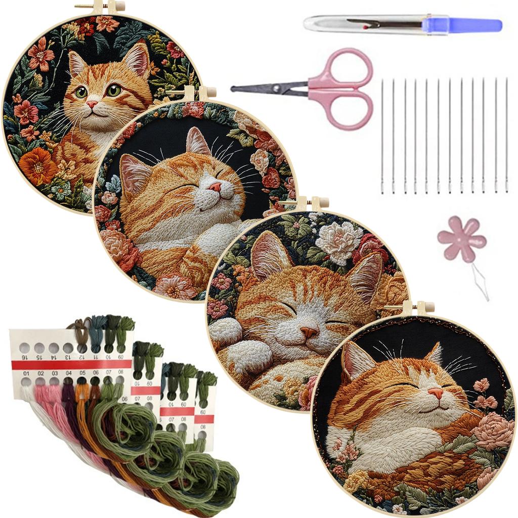 4 Pack Stamped Cross Stitch Kits with Embroidery Hoop Needles Threads Instruction Embroidery Kit Cross Stitch Set for Beginners