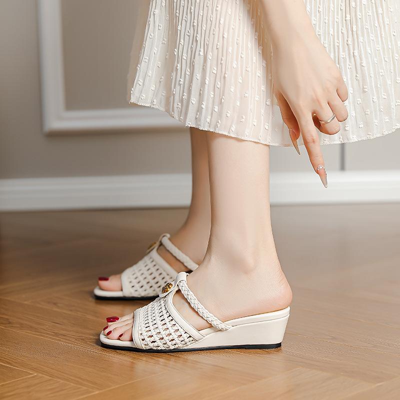 French gentle camellia weaving hollow open-toed one-word cool slippers fashionable square head slope elegant sandals