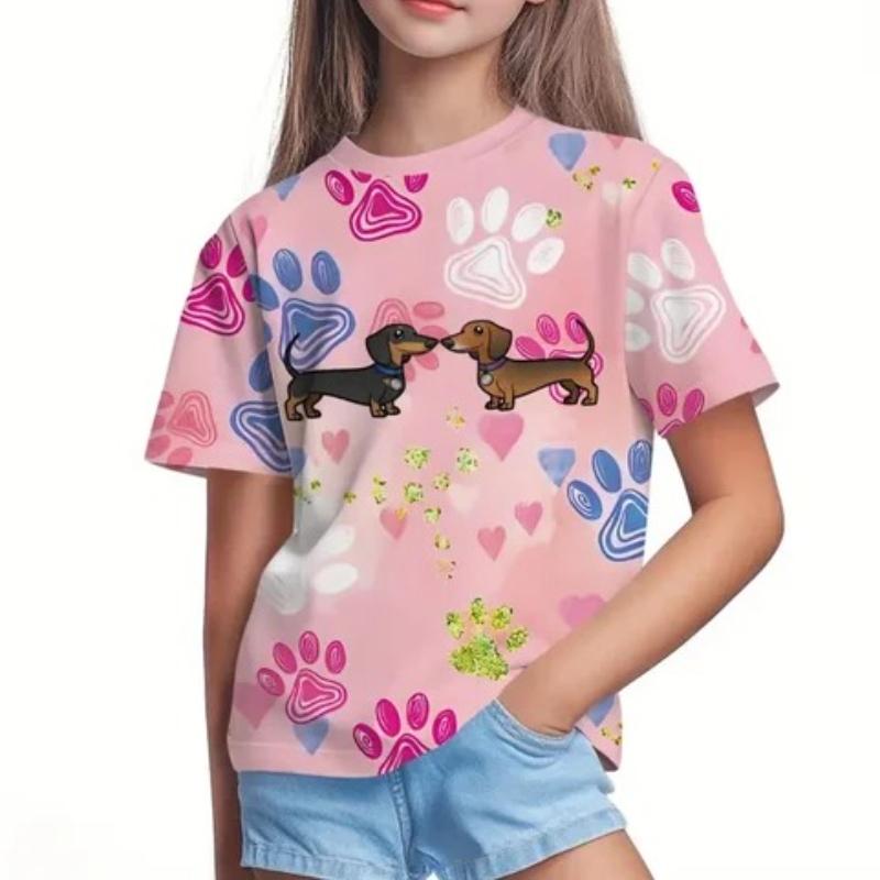 Children's Cartoon Sausage Puppy Print Cute Multi-color T-shirts Girls Fashionable Soft Comfortable T-shirt