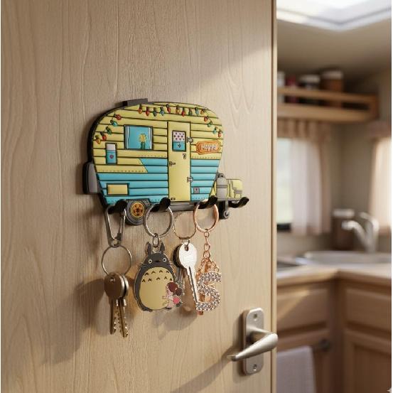Camper Decor Key Holder for Wall – No Drill No Holes, Adhesive Wall Mount Rack for Keys and Accessories – Cute Vintage Key Rack for ide RV or