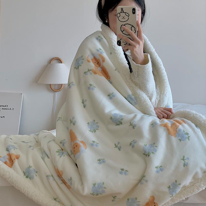 Double-Layer Cartoon Puppy Fleece Blanket Thick Warm Faux Lambs Wool Throw Blankets for Sofa Bed Autumn Winter Soft Plush Plaid