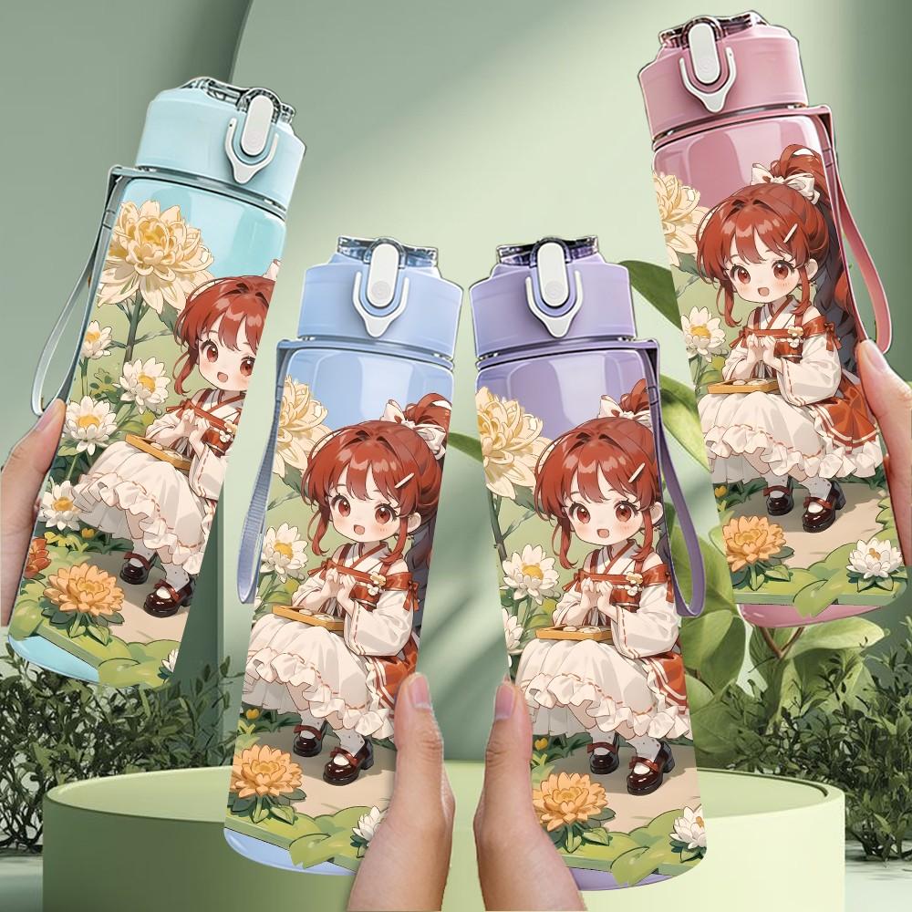 1PC Red Hair Girl Garden Floral Pattern 750ml Color Plastic Sports Water Bottle Leakproof Flip Straw Lid Suitable for Sports Office Home Use