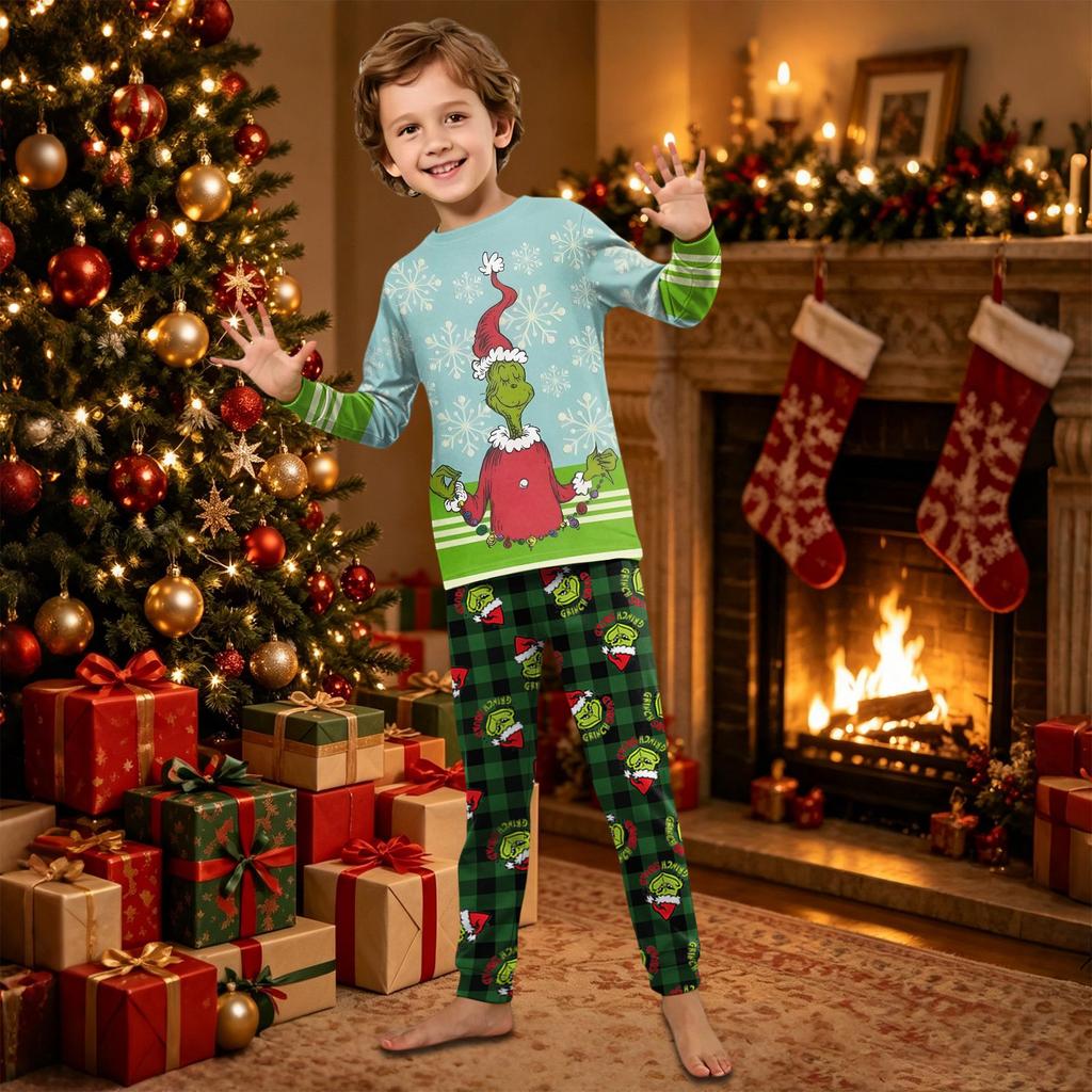 Family Matching Christmas Print Pajama Set, Long Sleeve Long Pants Holiday Loungewear for Parents and Kids