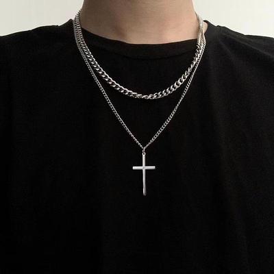 Pánský trendy korejský styl dvojitý kříž náhrdelník - Evropská, americká a kubánská inspirace módní svetr řetízek