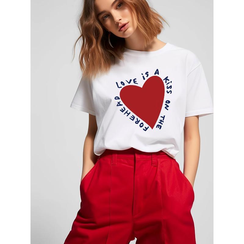 Европейские размеры Женская повседневная футболка с коротким рукавом и круглым вырезом -  Любовь - это поцелуй в лоб  Красное сердце Графический принт, Легкая дышащая ткань S белый