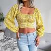 Floral Chiffon Crop Blouse Square Neck Lantern Sleeve Bow Resort Top Spring Summer Sizes S to XL