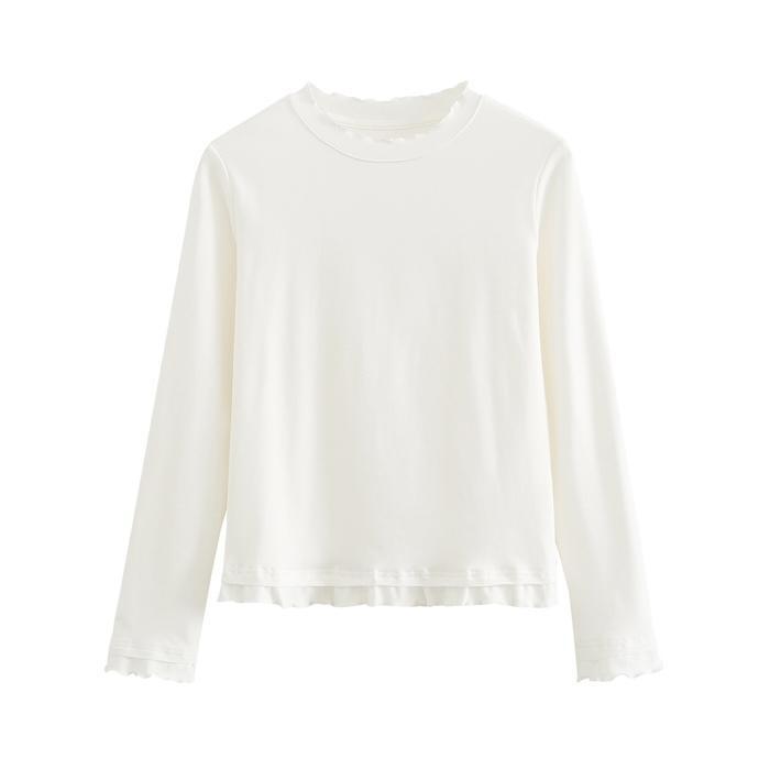Ruffle Lace Long Sleeve Base Layer: 27% Viscose, 67% Special Polyester, 6% Spandex - Korean Style Artistic Niche.